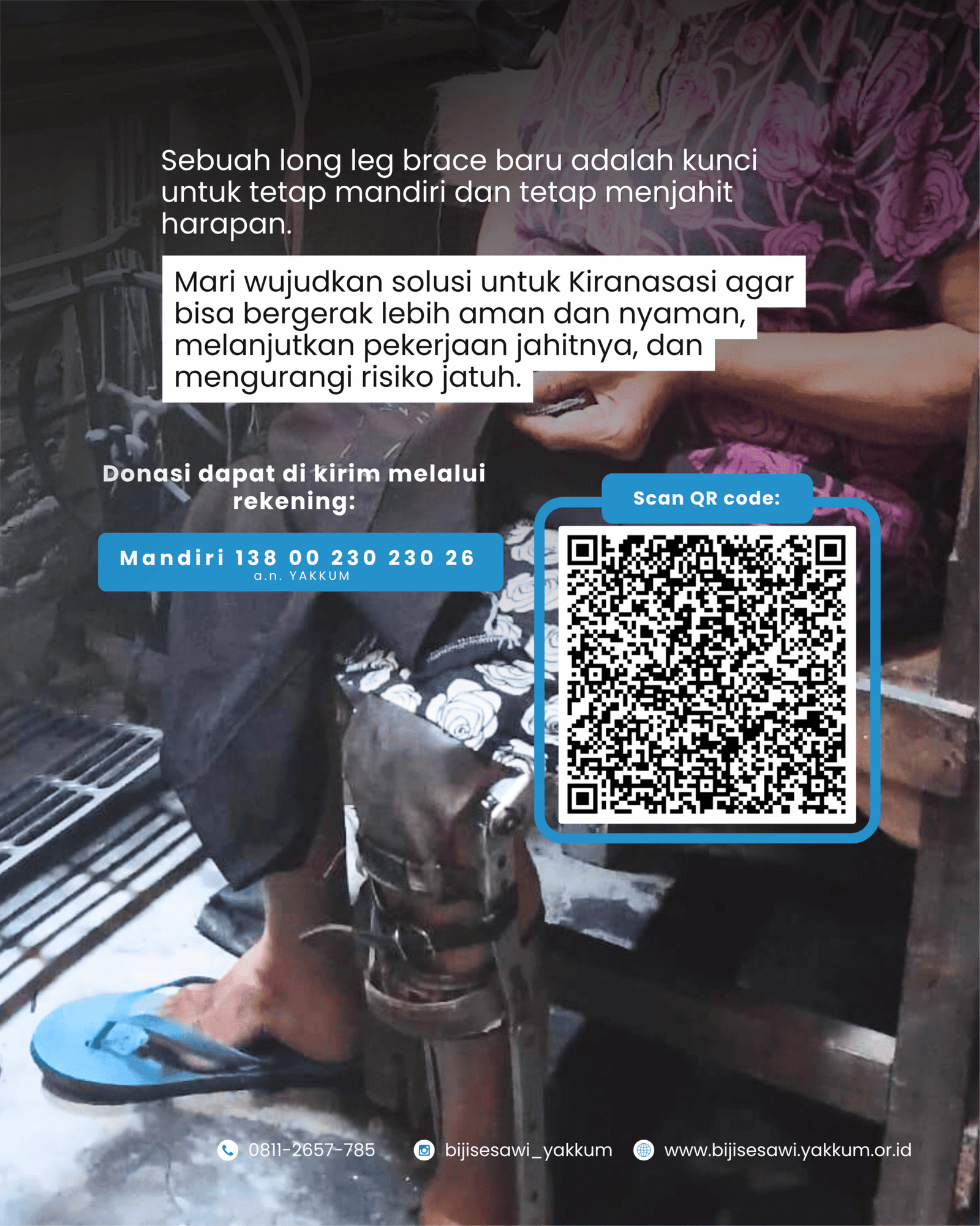 Berdikari dengan Long Leg Brace 2 Penjahit perempuan yang sudah tua sedang duduk di kursi yang berada di depan mesih jahit manual sambil memegang celana untuk dijahit, log leg brace rusak yang ingin diganti.